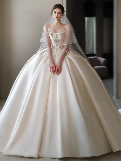 Simple Ball Gown Strapless Sleeveless Satin White Wedding Dresses Brides Dress