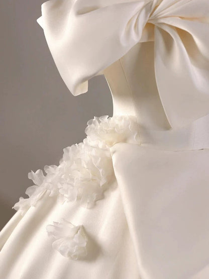Timeless Ball Gown Off The Shoulder Short Sleeves Satin White Wedding Dresses Brides Dress