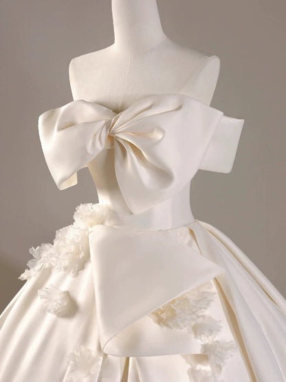 Timeless Ball Gown Off The Shoulder Short Sleeves Satin White Wedding Dresses Brides Dress