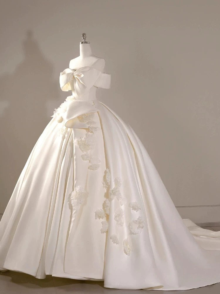 Timeless Ball Gown Off The Shoulder Short Sleeves Satin White Wedding Dresses Brides Dress