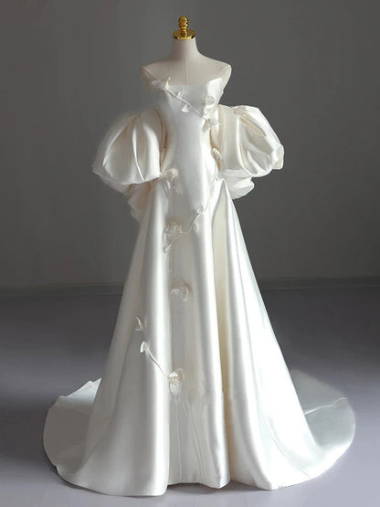 Classy Ball Gown Strapless Short Sleeves Satin White Wedding Dresses Brides Dress