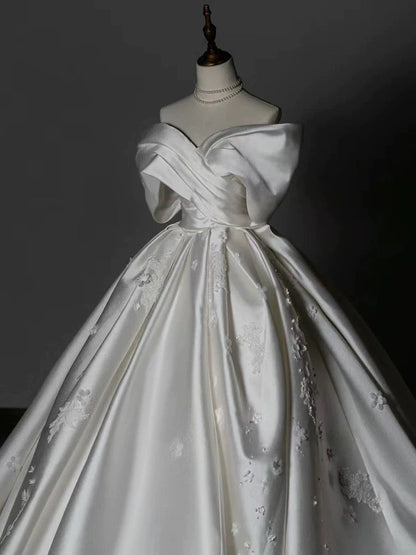 Timeless Ball Gown Off The Shoulder White Satin Long Wedding Dresses Bridal Dress