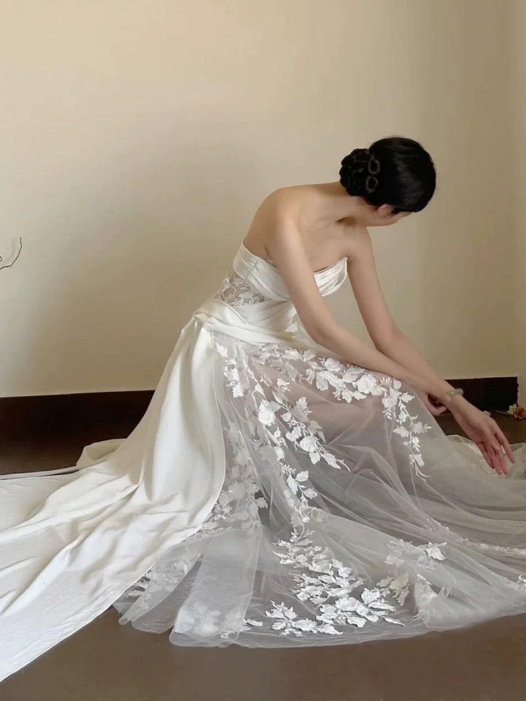 Timeless A line One Shoulder Lace Satin White Wedding Dresses Brides Dress SD1976