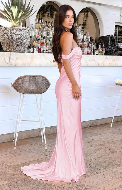Mermaid Off The Shoulder Floor-length Satin Pink Evening Dress Prom Dresses SD2013