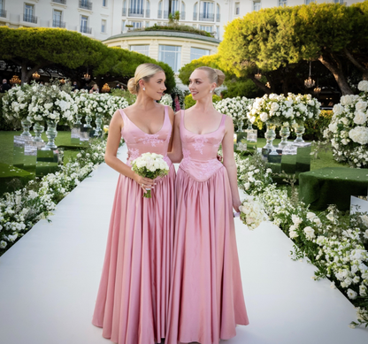 Elegant A Line V Neckline Floor-length Satin Long Pink Evening Dress Prom Dresses SD2031