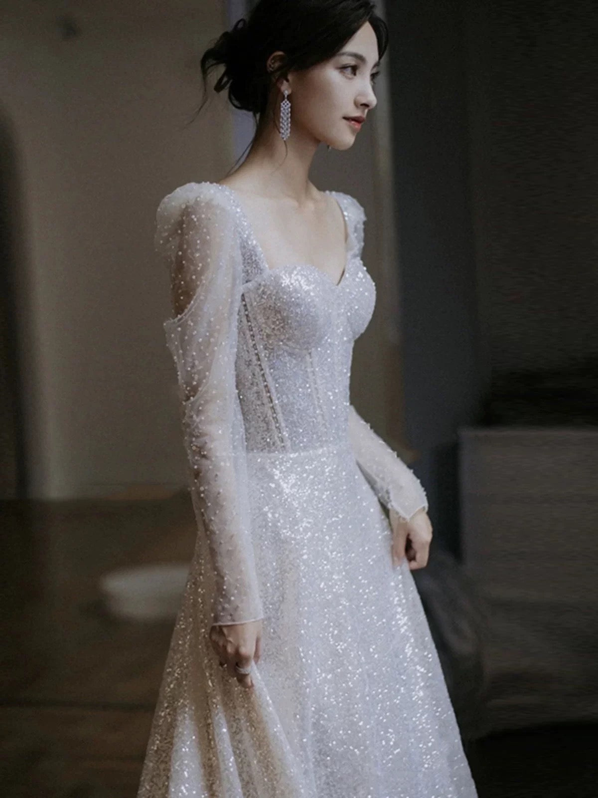 Unique A Line Square Neckline Sequin Pleats Long Sleeves Wedding Dresses SD2082