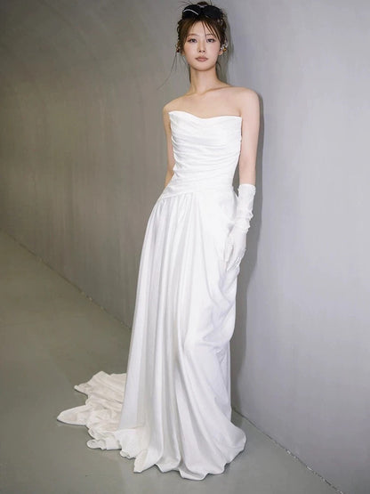 Unique Mermaid Sweetheart Pleats White Satin Ruffles Wedding Dresses SD2091