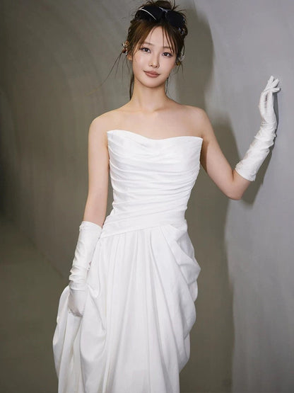 Unique Mermaid Sweetheart Pleats White Satin Ruffles Wedding Dresses SD2091