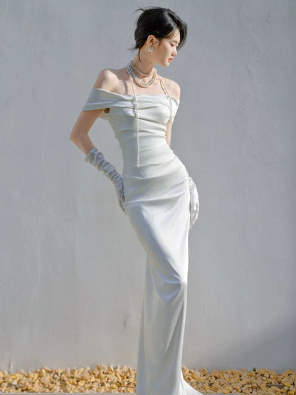 Unique Mermaid Off The Shoulder Pleats Satin Wedding Dresses Brides Dress SD2093