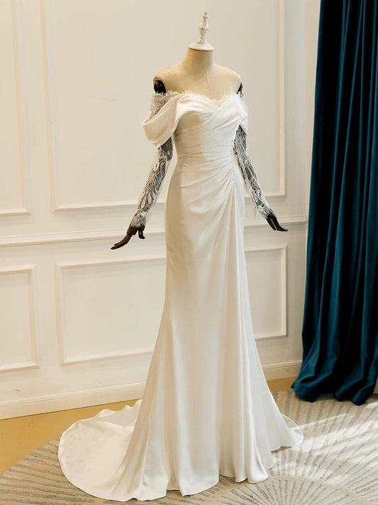 Unique Mermaid Off The Shoulder Pleats Satin Long Sleeves Wedding Dresses Brides Dress SD2096