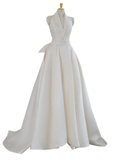 Unique Ball Gown Halter Neckline Satin Pleats White Wedding Dresses