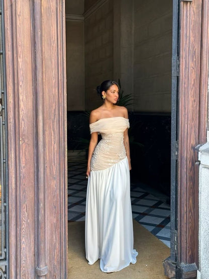 Pretty Mermaid Off The Shoulder Long Champagne Prom Dress Evening Dress Formal Dress SD2180