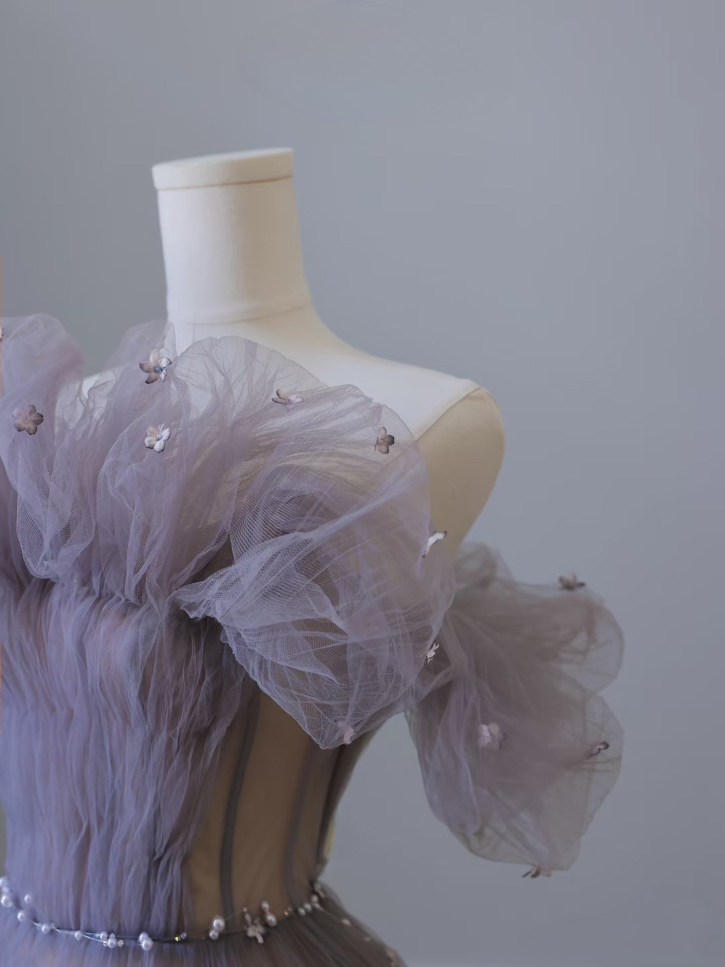 Pretty A line Off The Shoulder Light Grape Tulle Long Prom Dresses Evening Gowns