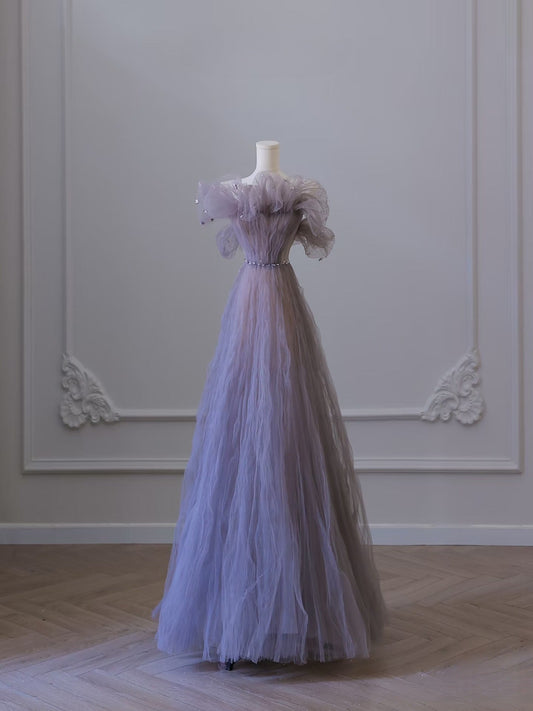 Pretty A line Off The Shoulder Light Grape Tulle Long Prom Dresses Evening Gowns
