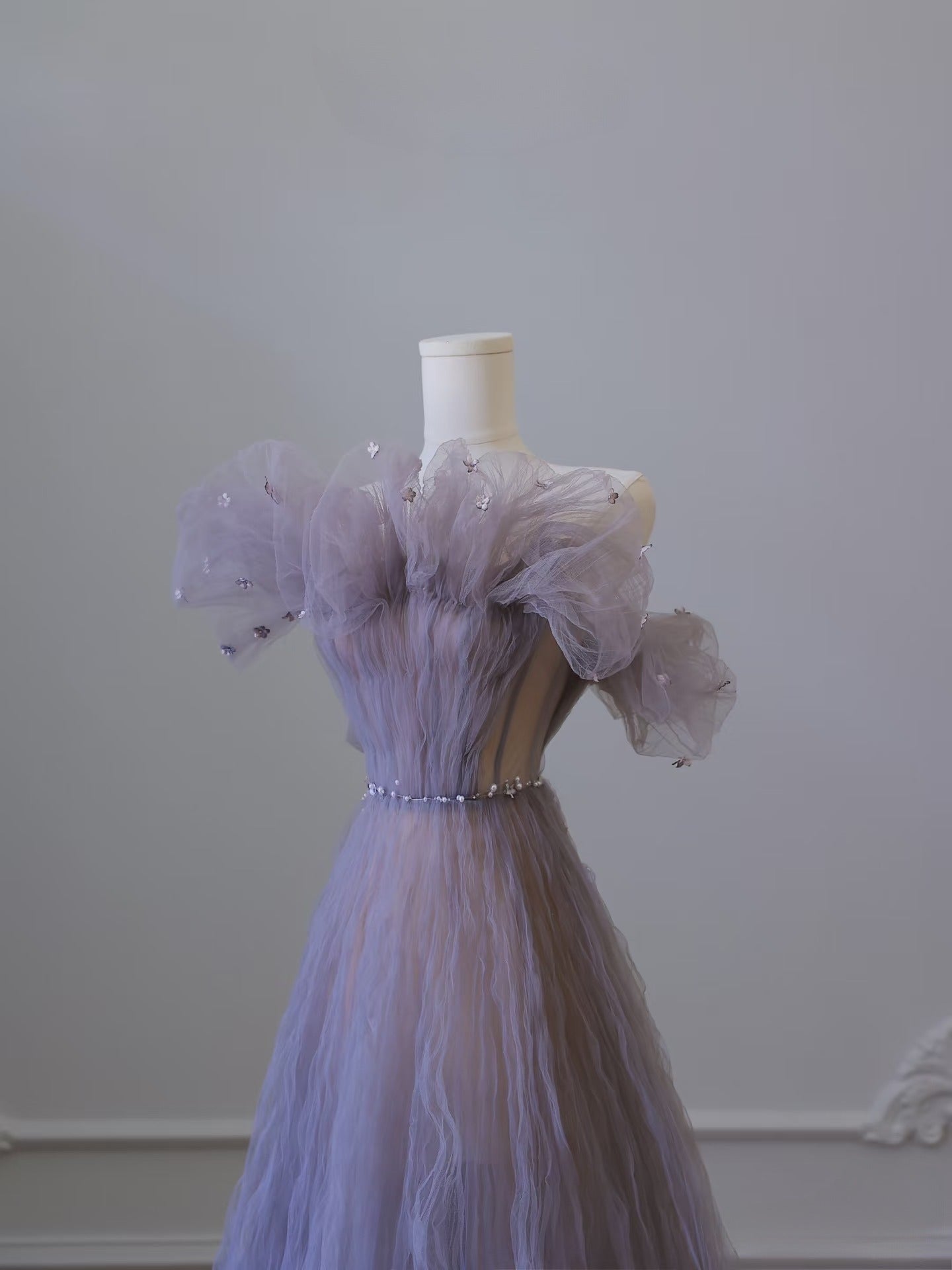 Pretty A line Off The Shoulder Light Grape Tulle Long Prom Dresses Evening Gowns