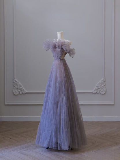 Pretty A line Off The Shoulder Light Grape Tulle Long Prom Dresses Evening Gowns