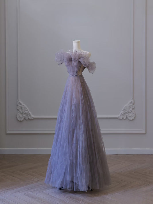 Pretty A line Off The Shoulder Light Grape Tulle Long Prom Dresses Evening Gowns