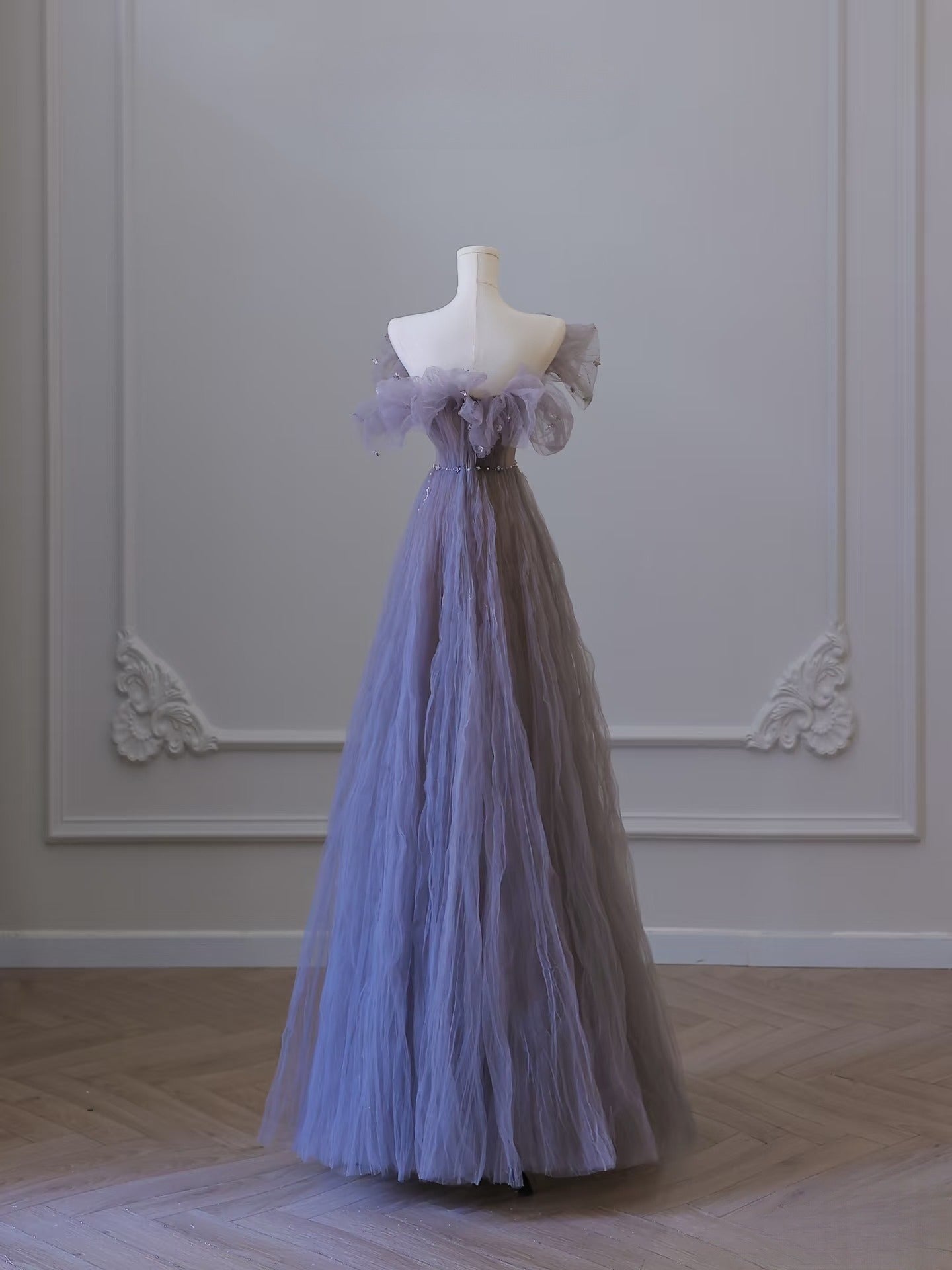 Pretty A line Off The Shoulder Light Grape Tulle Long Prom Dresses Evening Gowns