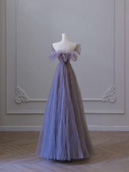 Pretty A line Off The Shoulder Light Grape Tulle Long Prom Dresses Evening Gowns