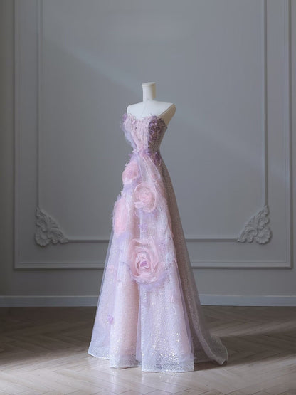 Pretty Ball Gown Sweetheart Pink Floral Tulle Long Prom Dresses Evening Gowns