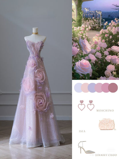 Pretty Ball Gown Sweetheart Pink Floral Tulle Long Prom Dresses Evening Gowns