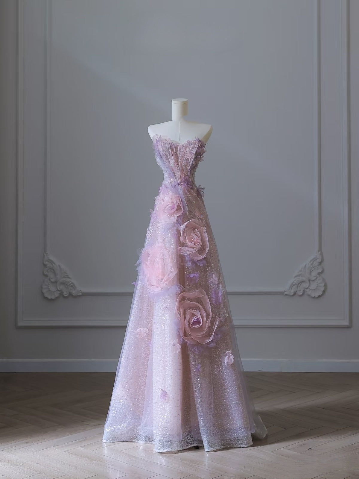 Pretty Ball Gown Sweetheart Pink Floral Tulle Long Prom Dresses Evening Gowns