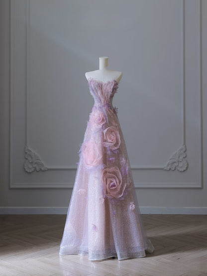 Pretty Ball Gown Sweetheart Pink Floral Tulle Long Prom Dresses Evening Gowns