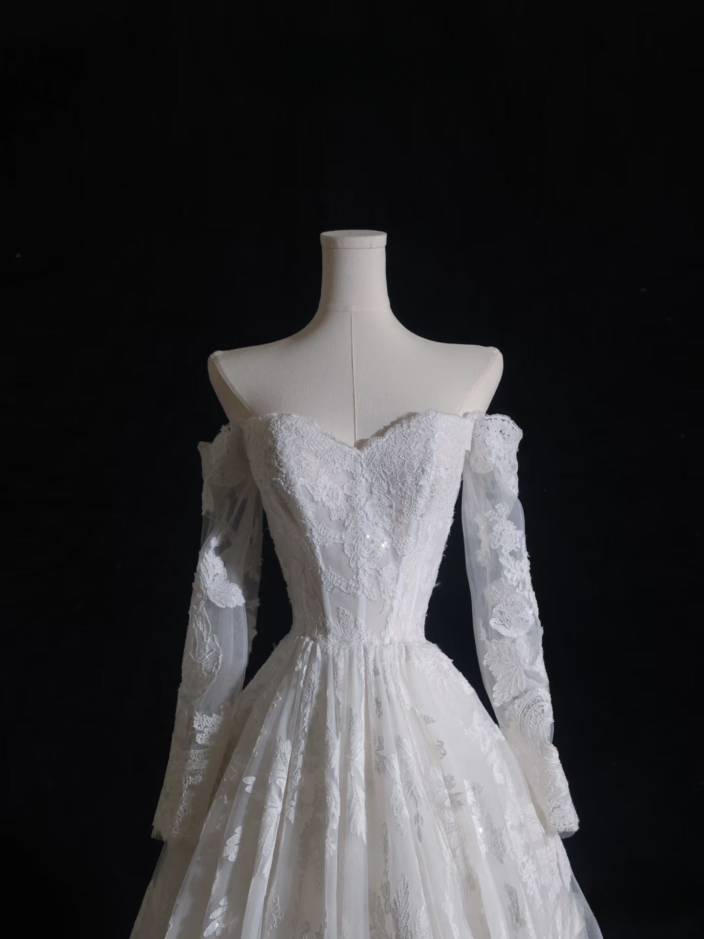 Timeless A line Off The Shoulder White Lace Long Sleeves Wedding Dresses Bridal Dress SD2327