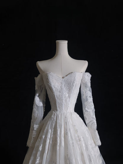 Timeless A line Off The Shoulder White Lace Long Sleeves Wedding Dresses Bridal Dress SD2327