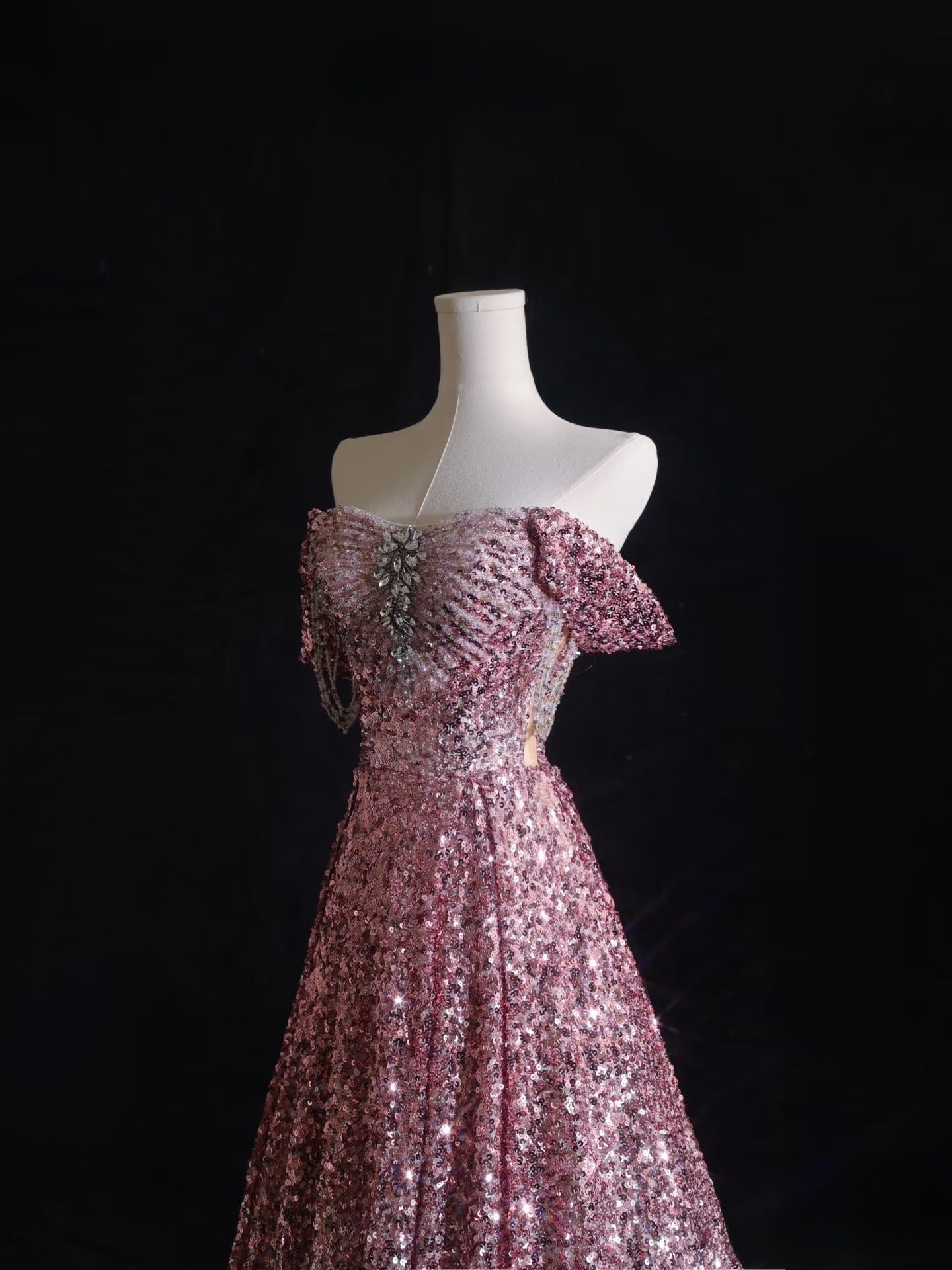 Pretty A Line Off The Shoulder Pink Sequin Long Prom Dresses Evening Gowns