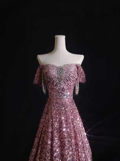 Pretty A Line Off The Shoulder Pink Sequin Long Prom Dresses Evening Gowns