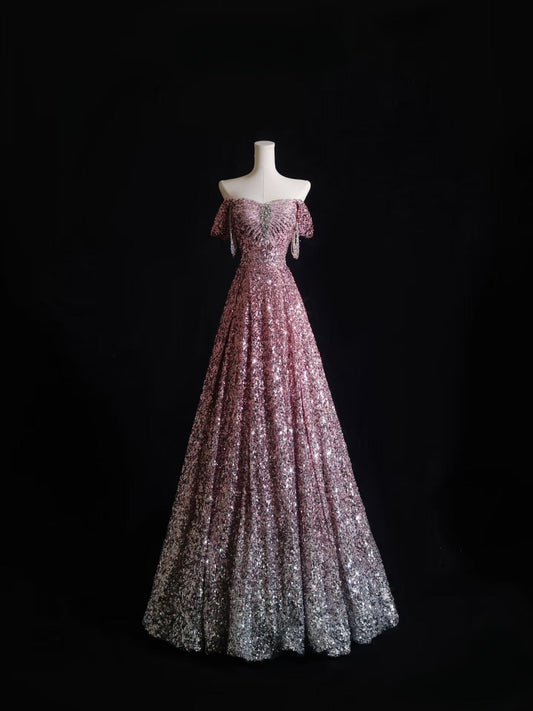 Pretty A Line Off The Shoulder Pink Sequin Long Prom Dresses Evening Gowns
