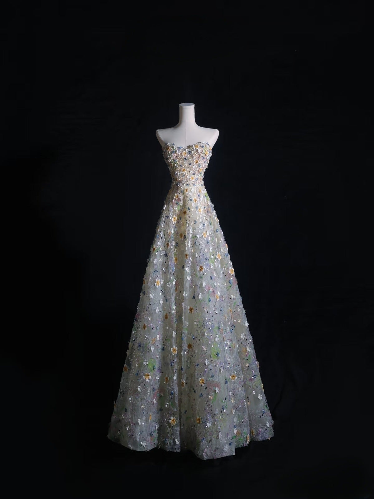 Pretty A line Sweetheart Tulle Floral Long Prom Dresses Evening Gowns