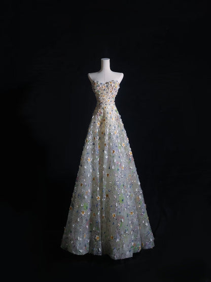 Pretty A line Sweetheart Tulle Floral Long Prom Dresses Evening Gowns