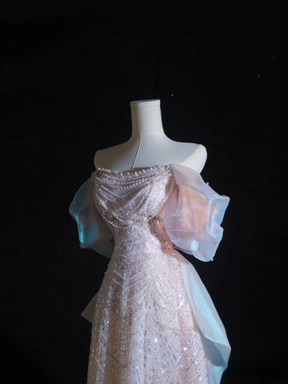 Pretty A line Off The Shoulder Pink Sequin Long Prom Dresses Evening Gowns