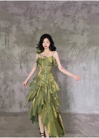 Retro Spaghetti Strap Irregular Ruffled Detachable Rose Design Elegant Satin Evening Dress Prom Dress D1583