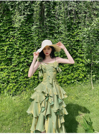 Retro Spaghetti Strap Irregular Ruffled Detachable Rose Design Elegant Satin Evening Dress Prom Dress D1583