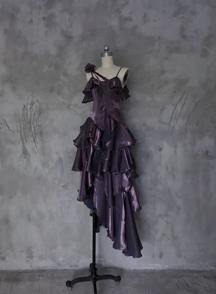 Retro Spaghetti Strap Irregular Ruffled Detachable Rose Design Elegant Satin Evening Dress Prom Dress D1583
