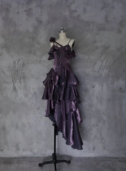 Retro Spaghetti Strap Irregular Ruffled Detachable Rose Design Elegant Satin Evening Dress Prom Dress D1583
