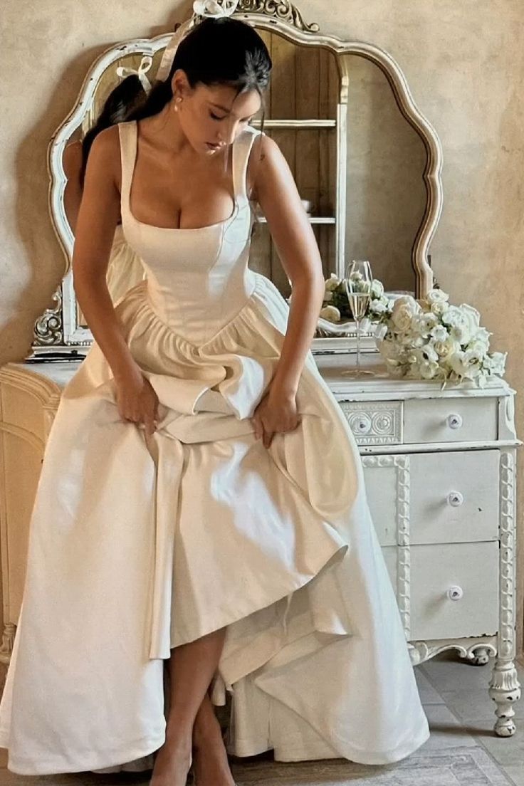 Simple Ball Gown Straps Ivory Satin Long Wedding Dresses Bridal Dress