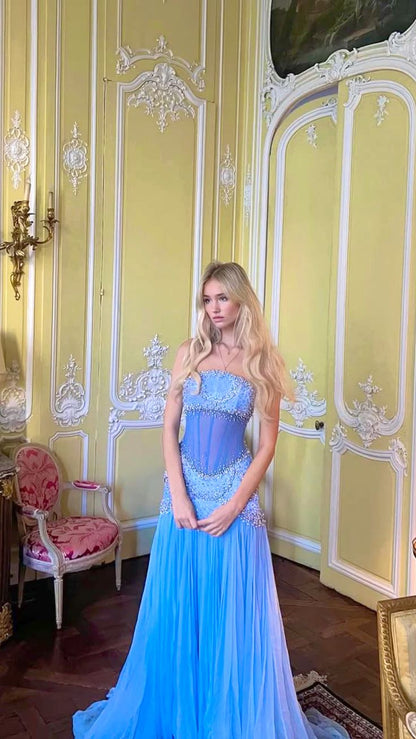 Sexy A Line Off The Shoulder Maxi Long Party Light Blue Chiffon Prom Dresses Evening Dress SD2383