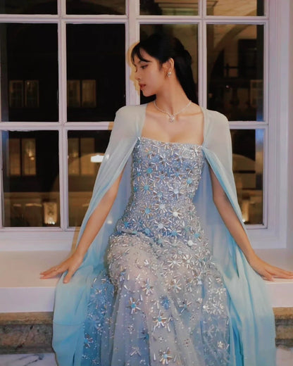 Classy A line Strapless Sleeveless Chiffon Light Sky Blue Long Prom Dresses SD2397