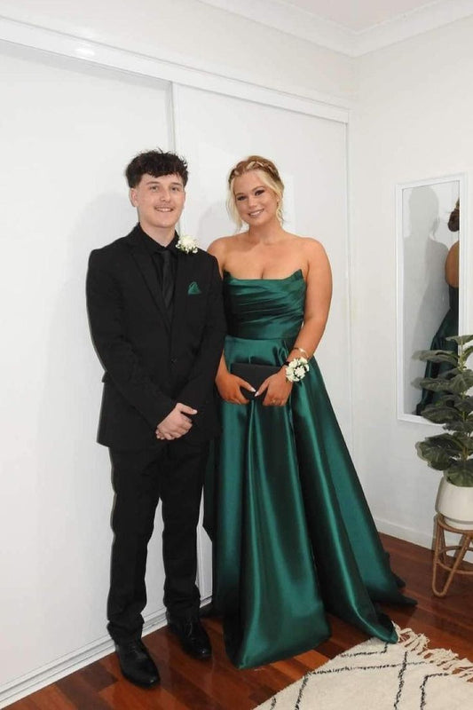 Pretty Strapless Sage Green Satin A-line Long Formal Gown Evening Dress