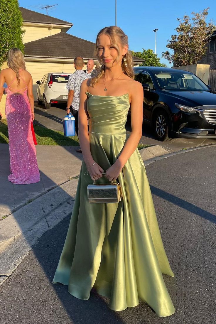 Pretty Strapless Sage Green Satin A-line Long Formal Gown Evening Dress
