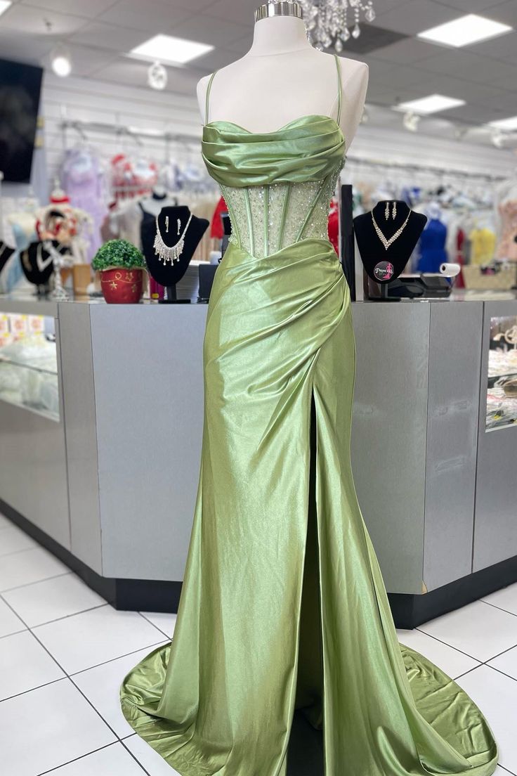 Pretty Sage Scoop Neck Satin Mermaid Long Prom Dress with Slit Formal Gown Evening Dress