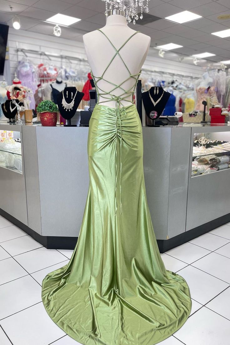 Pretty Sage Scoop Neck Satin Mermaid Long Prom Dress with Slit Formal Gown Evening Dress