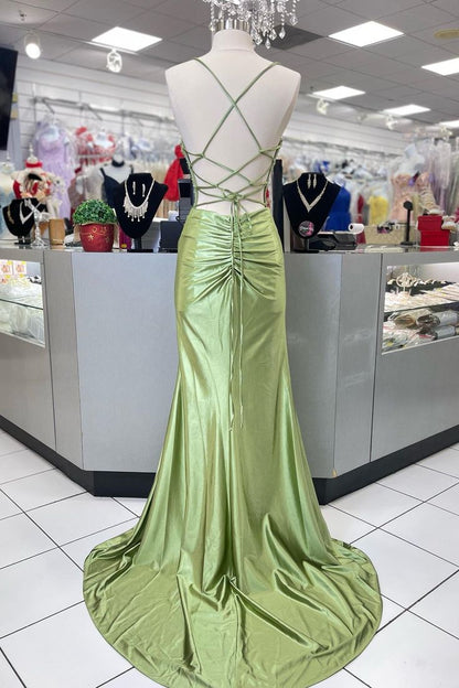 Pretty Sage Scoop Neck Satin Mermaid Long Prom Dress with Slit Formal Gown Evening Dress