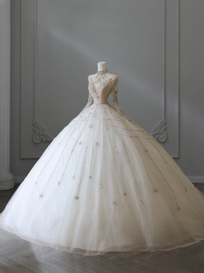Timeless Ball Gown High Neckline Tulle Long Sleeves Wedding Dresses Bridal Dress