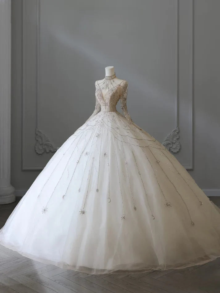 Vintage Sparkling Beaded Ball Gown Design A-Line Long-sleeved Princess Wedding Dress, D1587