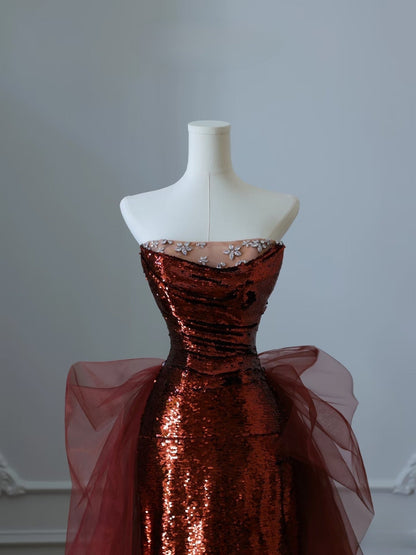 Classy Mermaid Strapless Burgundy Sequin Long Evening Dress Prom Dresses SD2492